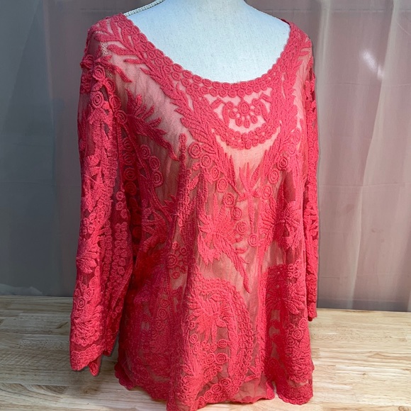 Simply Emma Tops - Simply Emma Coral Lace Boho Scoop Neck 3/4 Sleeves Pullover Top